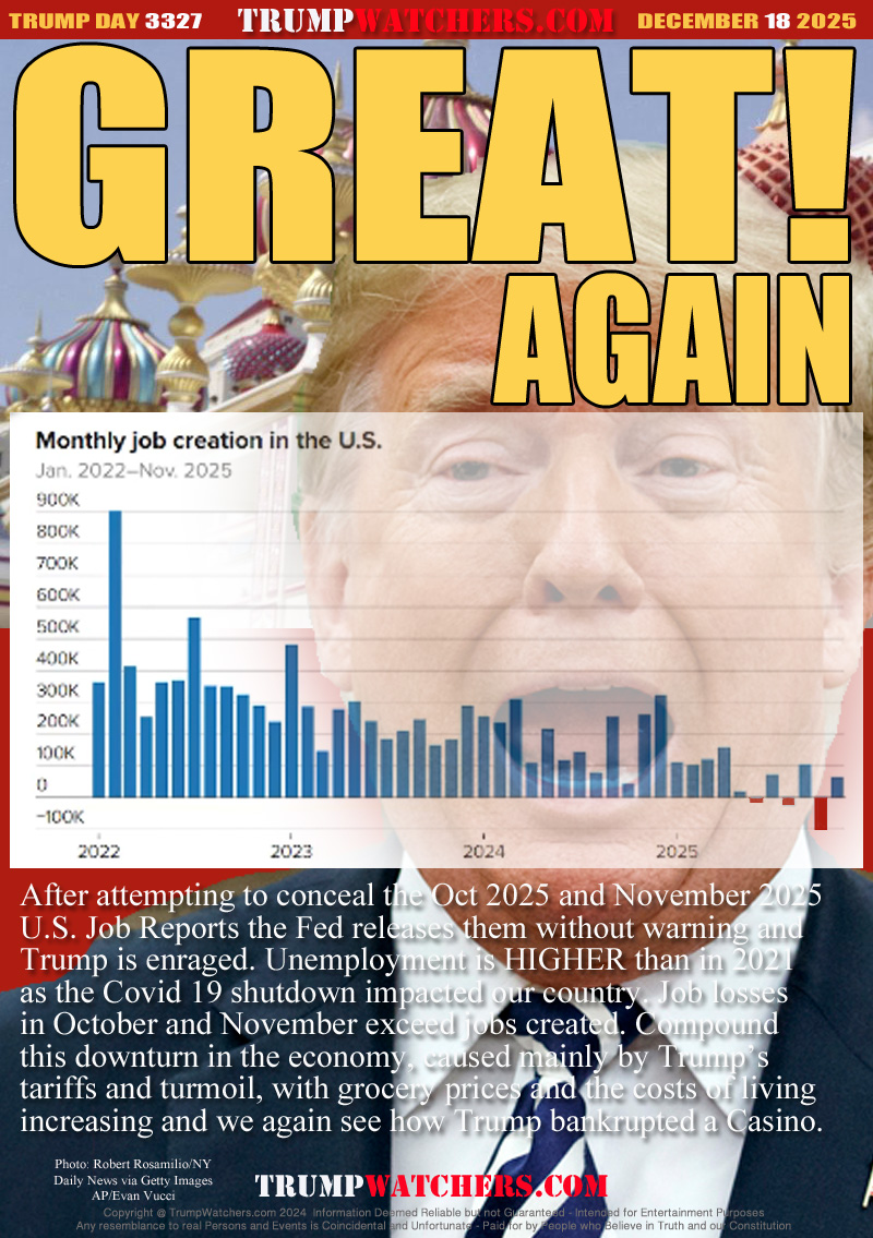 After attempting to conceal the Oct 2025 and November 2025
U.S. Job Reports the Fed releases them without warning and
Trump is enraged. Unemployment is HIGHER than in 2021
as the Covid 19 shutdown impacted our country. Job losses
in October and November exceed jobs created. Compound
this downturn in the economy, caused mainly by Trump’s
tariffs and turmoil, with grocery prices and the costs of living
increasing and we again see how Trump bankrupted a Casino.